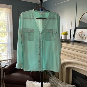 Calvin Klein aqua blouse with gold metal accents